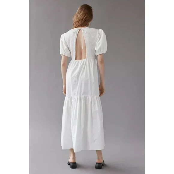UO EN SAISON MARA White Midi Tiered Smocked Puff Sleeve Dress Women's Sz M - Picture 4 of 11